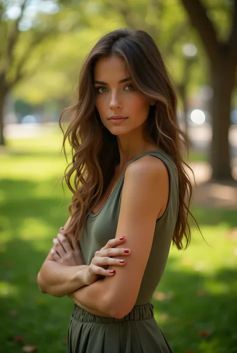 a woman of 1.65 with brown hair and slender blonde,  with brown eyes, locks posing for a photo in a park in São Paulo Brazil 