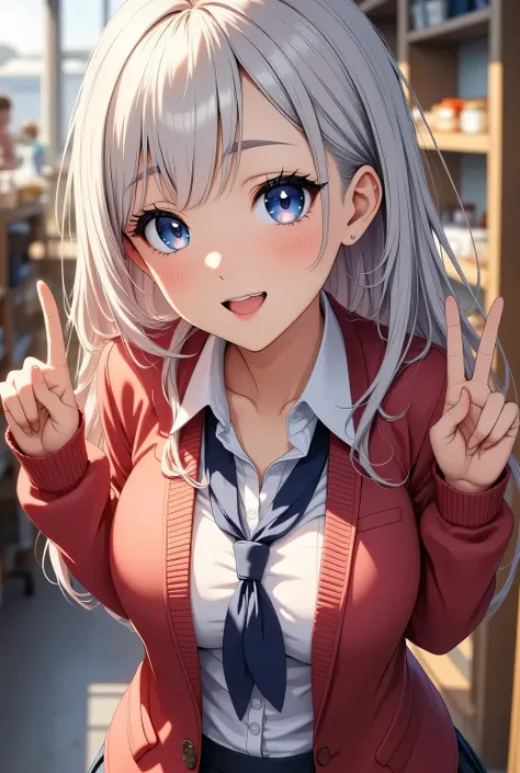  1 girl, She's a cute schoolgirl  ,   The red colored cardigan has extra sleeves,   white shirt ,   ribbon with design  ,   mini skirt,   small breasts,   beautiful long silvery white hair  ,   Healthy Thighs, Detailed depiction of thighs, Her beautiful,  ...