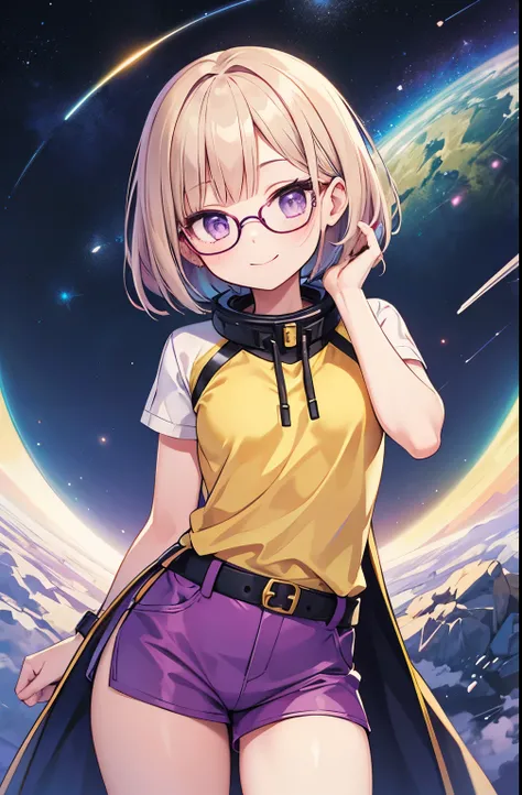  high quality　 high definition　 Masterpiece　 beautiful girl　 Gold　 bob cut 　 purple eyes　digital design yellow clothes　purple hot pants　Glasses　smile　 with your hands behind your head　digital space