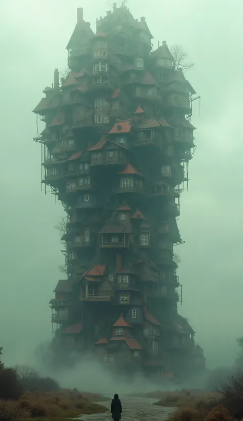 A huge house made up of countless small houses,Slowly rising towards the sky。Breaking the concept of time and space,Incorporates fantastic elements,Typical surreal scene。These scenes break the logic of reality,Bring strong visual impact and imagination spa...