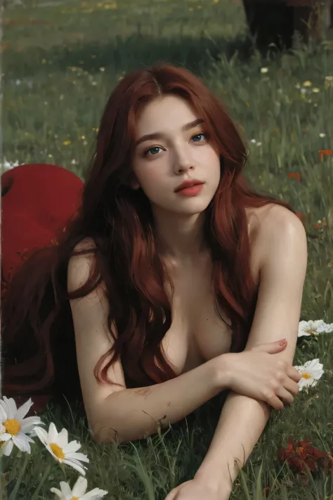 (oil painting:1.5),
\\
a woman with (red long curtly hair ), ((green eyes)) is laying down in a field of  flowers, (amy sol:0.248), nude , with red dress,  (stanley artgerm lau:0.106), (a detailed painting:0.353), (gothic art:0.106)