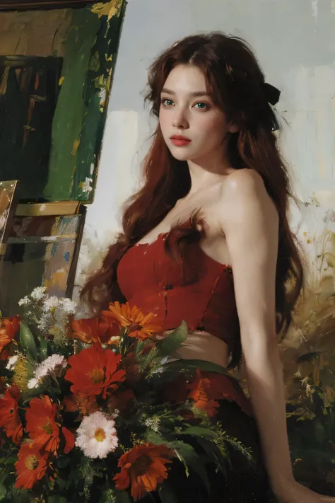 (oil painting:1.5),
\\
a woman with (red long curtly hair ), ((green eyes)) ain a field of  flowers, (amy sol:0.248), nude , with red dress,  (stanley artgerm lau:0.106), (a detailed painting:0.353), (gothic art:0.106)