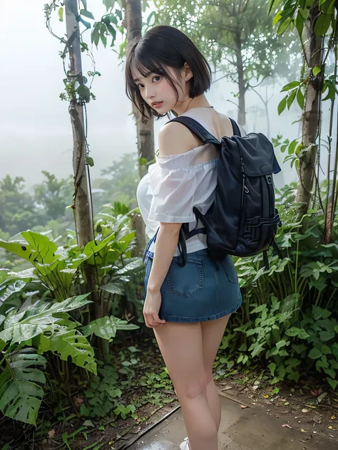  VERY WELL DETAILED CG Unity 8K Wallpaper、 Top quality, beautiful eyes 、 very well detailed、  masterpiece、reality、reality、 very well detailedなかわいい女の子、((  misty jungle  :1.5))、((in thick fog :1.5))、((  hiking with a backpack  :1.5))、(( taken from behindした高解...