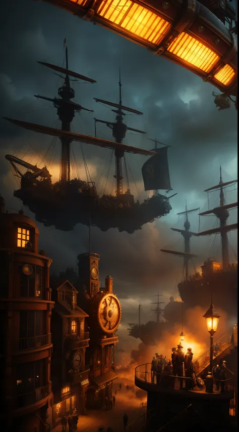 a group of steampunk sky pirates, airship, goggles, leather jackets, gears, brass, intricate machinery, copper pipes, glowing gauges, adventure, detailed cinematic lighting, dramatic angles, moody atmosphere, vibrant colors, highly detailed, cinematic comp...