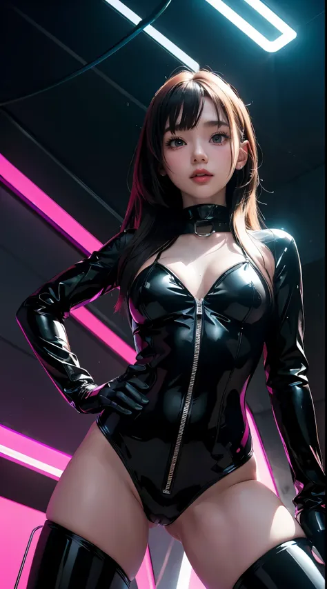 solo, super fine photo, portrait Unreal Engine 5 8K UHD of beautiful girl in a skin tight black latex outfit with blue neon light details, slick black catsuit, black iconic character, smooth black skin, black body, PVC, some black, glossy latex suit, rubbe...