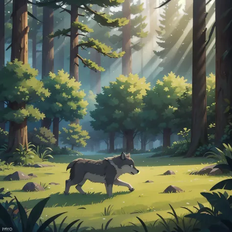 A young boy, his curiosity piqued, reaches out to touch a majestic gray wolf's fur as it pads through the misty forest glade. The camera frames the tender moment from above, capturing the gentle interaction between species amidst the tranquility of towerin...