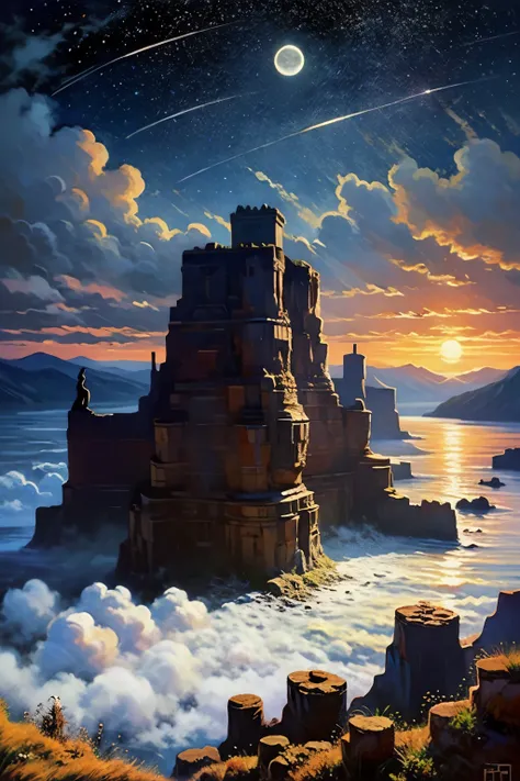  Oil painting landscape , cinematic lighting,  Dramatic Lighting, Dark Misty Night  ,   Necromancer's Castle , Grave地, Grave地, Grave,  Crescent Moon and Clouds  