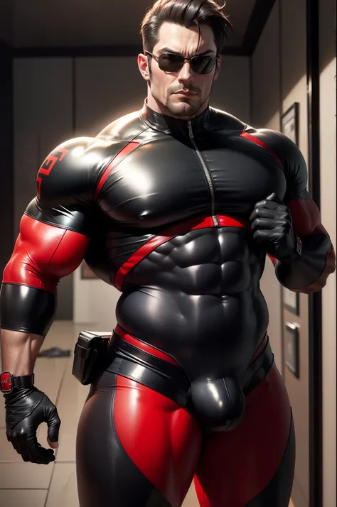 Muscular dad in a black and red lewd leather suit，Full body like，wears dark glasses，Indecent expressions，Huge crotch bulge, tight red leather leggings