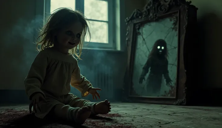 "Create a dark, unsettling image in an abandoned room lit only by a dim, flickering light. At the center, place a sinister, life-like doll with hollow, glaring eyes that seem to follow you. The doll should look decayed, with worn-out clothes and cracked po...