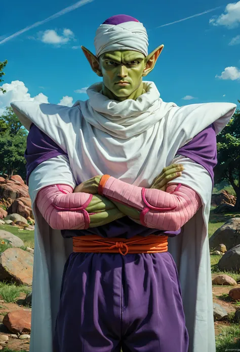 score_9, score_8_up, score_7_up, score_6_up, 1boy, cowboy shot,looking at viewer, blue sky, grass, tree, rock,pointy ears,   BREAK piccolo, 1boy, green skin, (pink patches:1.05), white turban, white cape, shoulder pads, purple dougi, purple pants, blue sas...