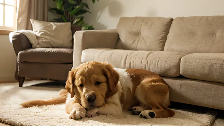 A golden retriever puppy sleeping peacefully on a soft, fluffy carpet in a cozy living room. The puppy's fur is golden and slightly wavy, and its eyes are closed. Its body is relaxed, with its front paws stretched out. In the background, there is a beige c...