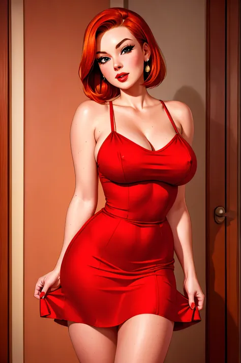 Bree Daniels, 1960-pinup, short red dress