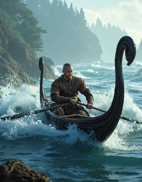 **Prompt:** Create a breathtakingly detailed landscape scene set in medieval Northern Europe, showcasing a Viking fiercely rowing a magnificent long dragon boat through tumultuous river waters. Utilize hyper-realism to depict the intricacies of the wooden ...