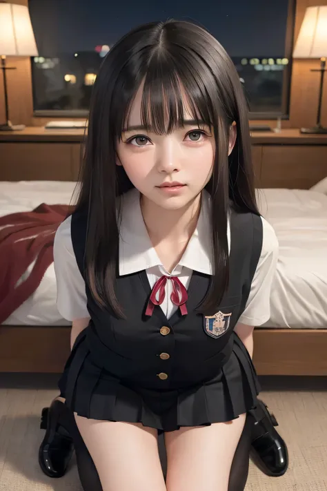 (masterpiece, Best Quality, 8K,Raw photo, High resolution:1.5), (1 girl, upper body, kneeling on the floor, Restrained girl, a girl is crying, arms behind back:1.6), (crying, sobbing, tearing, tearful, full-face blush, embarrassed, shyness), (dark backgrou...
