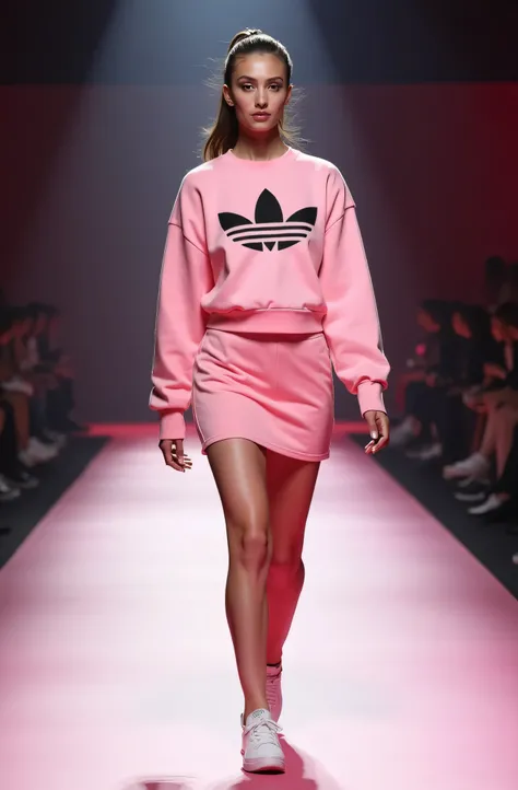 
a woman walking down a runway wearing a pink skirt and adidas sweatshirt, wearing adidas clothing, fashion runway, pink clothes, style of julia razumova, fashion model, (pink colors), pink mini-skirt, fashion week, lifestyle, on the runway, sports, fashio...