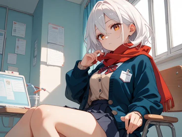 The background is the hospital, NSFW, masterpiece, 1 girl,  School uniform, (Navy cardigan), high school student, Medium sized breasts, white hair, medium hair, hair between eyes, Wearing a red scarf, Orange Red eyes,  She is sitting in a chair