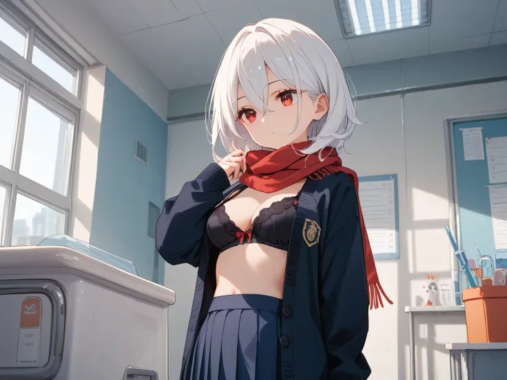 NSFW, masterpiece, 1 girl, Black Bra,  School uniform, (Navy cardigan), high school student, Medium sized breasts, white hair, medium hair, hair between eyes, Wearing a red scarf, Orange Red eyes, The background is a hospital operating room,  She is standi...