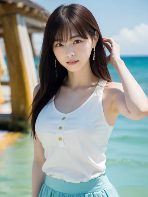  Greatest Masterpiece 、  best quality ,  super high resolution、Wore a tight white tank top made of ribbed material with buttons and a pale light blue flared skirt１A beautiful Japanese girl is standing on the edge of the waves、 big breasts、 I can see a litt...