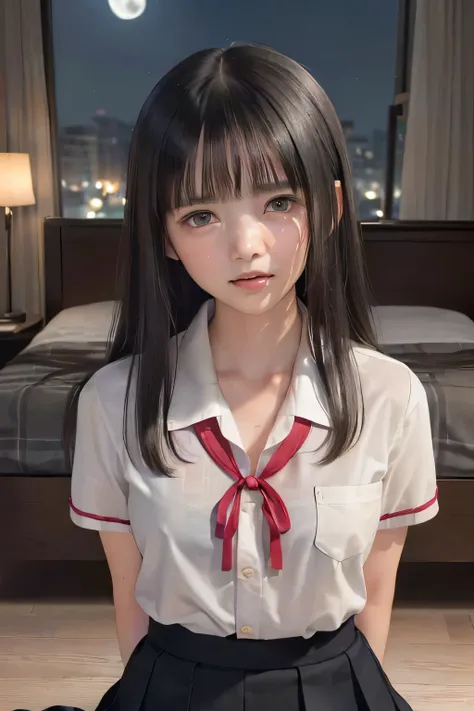 (masterpiece, Best Quality, 8K,Raw photo, High resolution:1.5), (1 girl, upper body, kneeling on the floor, Restrained girl, a girl is crying, arms behind back:1.6), (crying, sobbing, full-face blush, embarrassed, shyness), (dark background, night, indoor,...