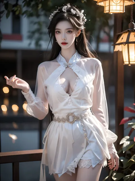 guqinghan,naraka,chinese clothes,china dress, ,,(photorealistic:1.3), masterpiece, best quality, ultra-detailed,beautiful asian woman, fashion model, (Black lace eye patch:1.3), (Full bust, visible cleavage, very short hemline), (Beautiful romantic style),...