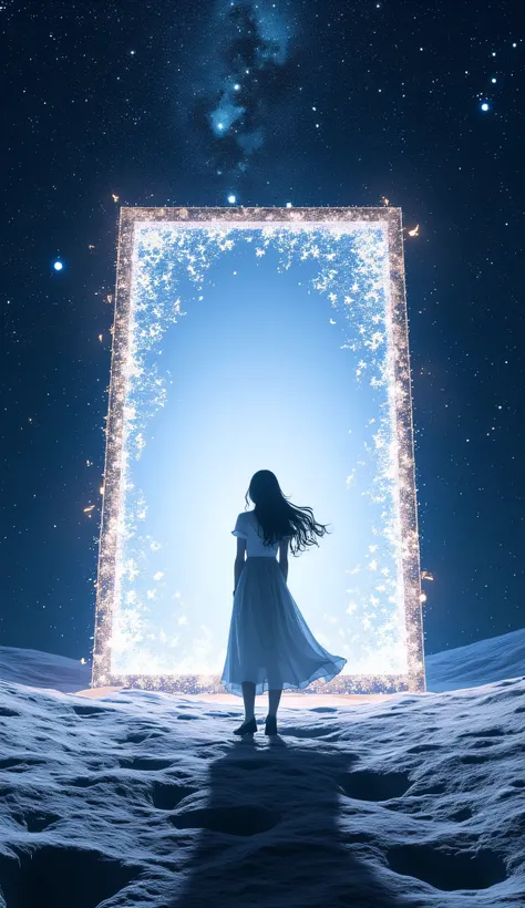 A mesmerizing scene of a young woman standing before a gigantic glowing-framed painting on the surface of the moon. The frame of the painting is long, shimmering with tiny luminous flowers that sparkle delicately. The massive white canvas stands at the cen...