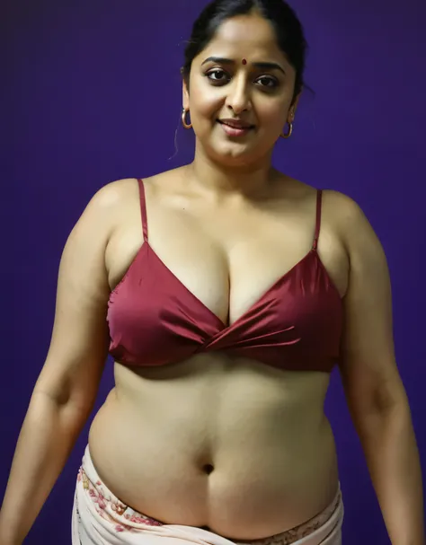 Looks like Anushka Shetty, (solo), middle aged woman, Masterpiece, Best quality, high clarity eyes, beautifully styled hair, curvy, sexy navel folds, feminine curve, motherly figure, critically flawless,sharp picture, Full portrait, High pixels, perfect fa...