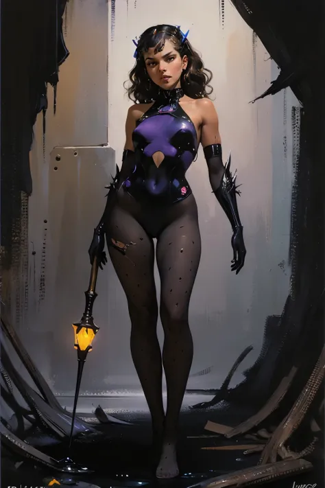 full body, mature dark tan skin girl, "curly brown hair and bangs", pantyhose, neon witch, ultra detail young, ancient goddess, art deco maiden, sci-fi, Luis Ricardo Falero painting, glowing neon purple light staff, cyber punk, edgy painting, shoulder pads...