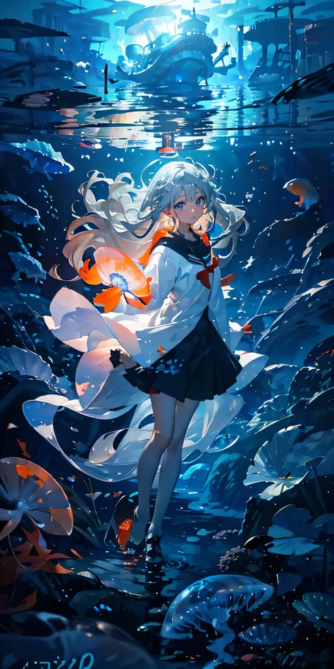 ( required items), ( best quality), very well detailed,  1 girl,  solo full body shot, perfect face,  beautiful girl, very well detailed顔，( long gray hair :1.5)，( blue eyes:1.4)，(float:1.4)，(In the water:1.4)，seabed，bubble，School of small fish，light，Jellyf...