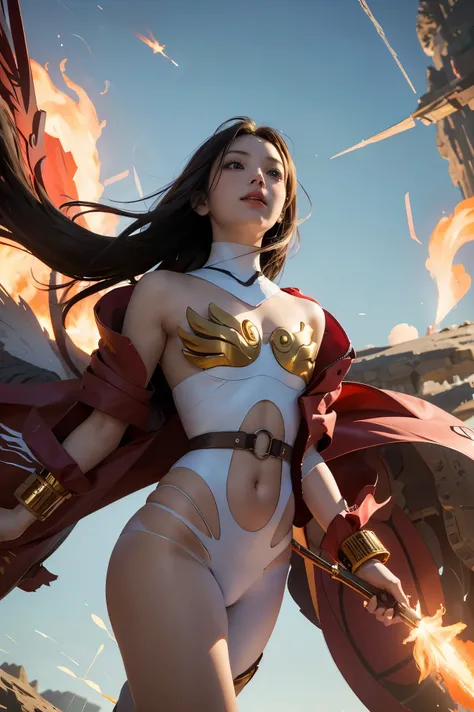 1girl, Absurd resolution, high resolution, (masterpiece: 1.4), hyper-detail, a mech, red armor with red wings, floating flight in the sky (1.8) background is wild, fire, full bodysuit, 