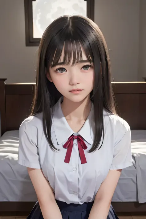 (masterpiece, Best Quality, 8K,Raw photo, High resolution:1.5), (1 girl, upper body, kneeling on the floor, Restrained girl, a girl is crying, arms behind back:1.6), (crying, sobbing, tearing, tearful, full-face blush, embarrassed, shyness), (dark backgrou...