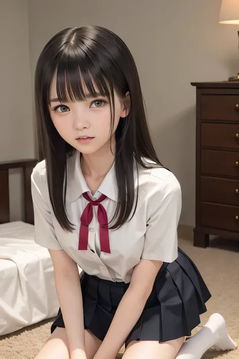 (masterpiece, Best Quality, 8K,Raw photo, High resolution:1.5), (1 girl, upper body, kneeling on the floor, Restrained girl, a girl is crying, arms behind back:1.6), (crying, sobbing, tearing, tearful, full-face blush, embarrassed, shyness), (dark backgrou...