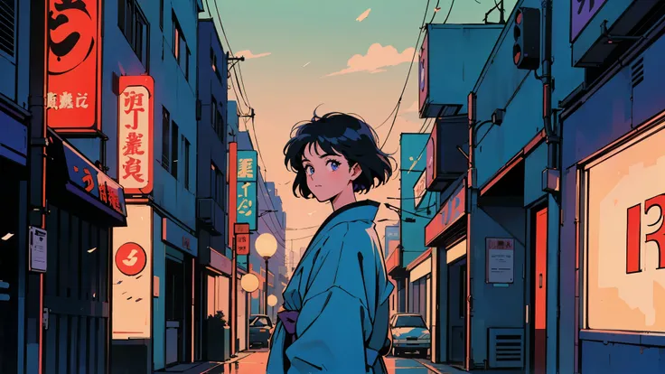 Top quality, 8K, 1980's style, nostalgic city pop aesthetic, high definition anime style illustration that captures the nostalgic essence of 1980s Japan inspired by Showa Japan and the city pop aesthetic. They are reminiscent of classic Showa-era cityscape...