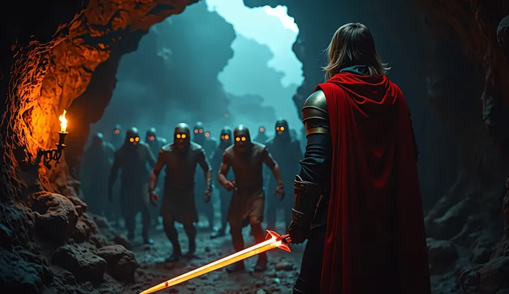 Create a highly detailed, ultra-realistic scene in a pitch-dark, ominous cave hall. The only light comes from a flickering torch in the wall, casting long, eerie shadows across the cavern. Grotesque zombies walk towards paladin from the darkness, their dec...