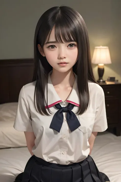 (masterpiece, Best Quality, 8K,Raw photo, High resolution:1.5), (1 girl, upper body, kneeling on the floor, Restrained girl, a girl is crying, arms behind back:1.6), (crying, sobbing, tearing, tearful, full-face blush, embarrassed, shyness), (dark backgrou...