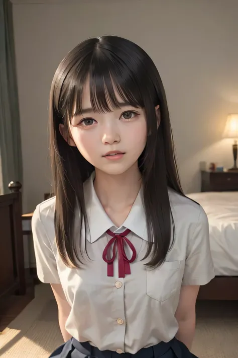 (masterpiece, Best Quality, 8K,Raw photo, High resolution:1.5), (1 girl, upper body, kneeling on the floor, Restrained girl, a girl is crying, arms behind back:1.6), (crying, sobbing, tearing, tearful, full-face blush, embarrassed, shyness), (dark backgrou...