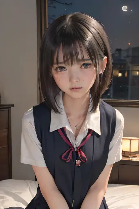 (masterpiece, Best Quality, 8K,Raw photo, High resolution:1.5), (1 girl, upper body, kneeling on the floor, Restrained girl, a girl is crying, arms behind back:1.6), (crying, sobbing, tearing, tearful, full-face blush, embarrassed, shyness), (dark backgrou...