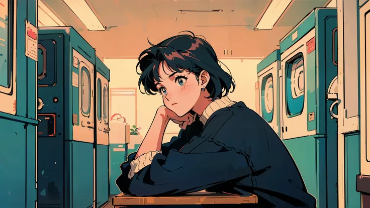 Top quality, 8K, 1980s retro city pop style, warm neon lighting, a cozy coin laundry with vintage washing machines, a young woman sitting at the counter wearing a casual oversized sweater, soft grainy film texture, nostalgic Japanese urban night, warm yell...