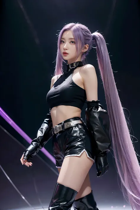 ,Best Quality, Ultra High Resolution, Cute, (KPOP Idol), (Long Twintail), (Light Purple Hair:1), ((Big Eyes)), Looking at you, BREAK ((upper body:1.3)), Front View,A character with long, flowing silver hair and a slender build, wearing a black and white ou...