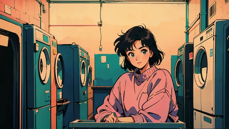 Top quality, 8K, 1980s retro city pop style, warm neon lighting, a cozy coin laundry with vintage washing machines, a young woman sitting at the counter wearing a casual oversized sweater, soft grainy film texture, nostalgic Japanese urban night, warm yell...