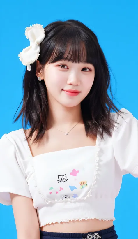 32k, Masterpiece, Top Quality, (Korea's Beautiful Women) Close-up,  eye-level, long wavy dark brown hair, white lace bow,  white crop top, cat print, dark skirt, space print,  black detailing,  bright blue background, playful, youthful, whimsical, edgy, br...