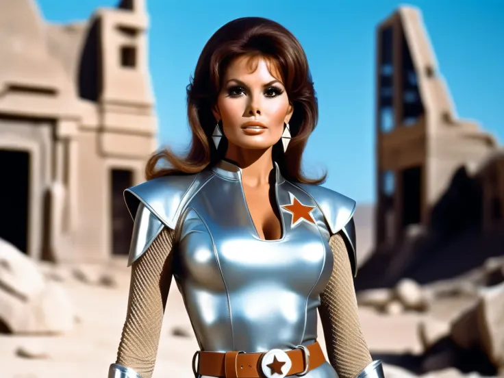 Raquel Welch 1967, a beautiful space explorer woman, planetary dry landscape scene, subject is standing in dusty ancient ruins on an alien planet, Barbarian Sci-Fi Scene, woman has beautiful skin, brunette hair in style that cascades down past her shoulder...