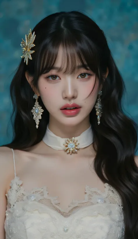 8k, masterpiece, highest quality, Korea's Beautiful Women, smile, Close-up, frontal, slightly low-angle. Dark, wavy hair, soft makeup, full lips, expressive eyes, fair skin. Lace camisole, velvet choker, gold star hairpiece, dangling earrings. Serene, sli...
