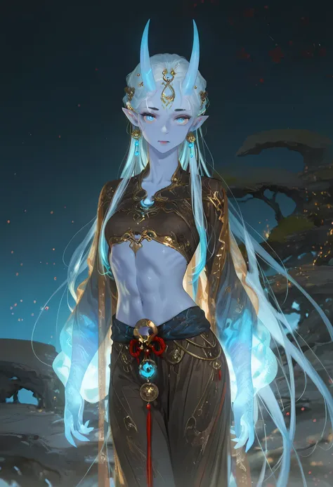 mian_lang, 1girl, small breasts, age, (long hair:1.2), oni horns, blue hair, blue eyes, light blue skin, , looking at viewer, solo, toned, cowboy shot, frest, detailed background, night, masterpiece, best quality, amazing quality, very aesthetic, absurdres...