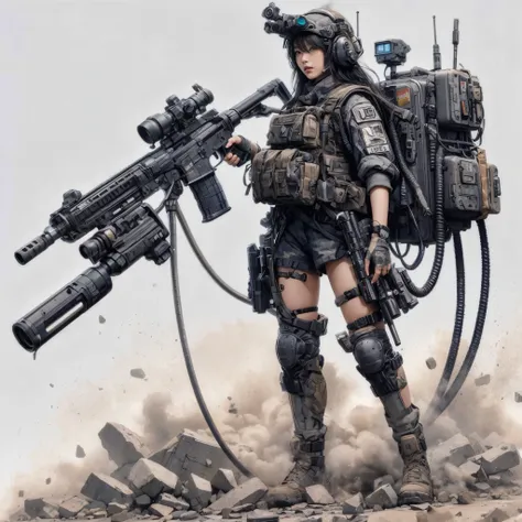 Photorealistic expression、Near future、Actual item、Overwhelming depiction、 hold a blaster gun connected to a 、Dignity、In the dust 、 Beautiful Japanese Women in Allied Special Forces 、JPN Mark 、 Damage Battle Suit 、Futuristic headgear、It holds a blaster gun ...