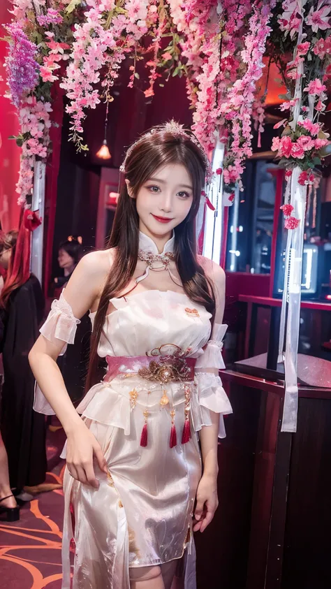   beautiful woman,     Chestnut hair    ,     Beautiful Eyes ,   Smile,  Actual , Full HD,   very beautiful dress  ，Fluffy dress ， curved body，Magnificent view ，Gorgeous decoration，cheongsam，中国发髻，Skirt