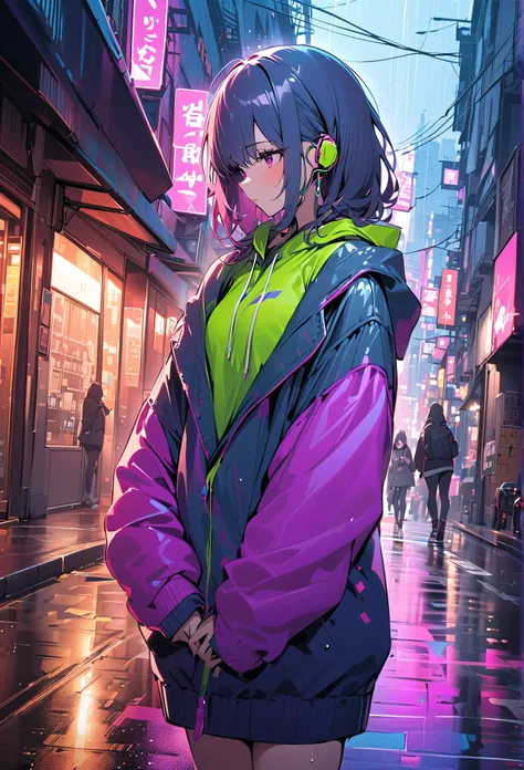  masterpiece, The girl was  alone,  alone, extremely ridiculous ,  hoodie, Earphones, street, Outdoors, rain,  neon ,