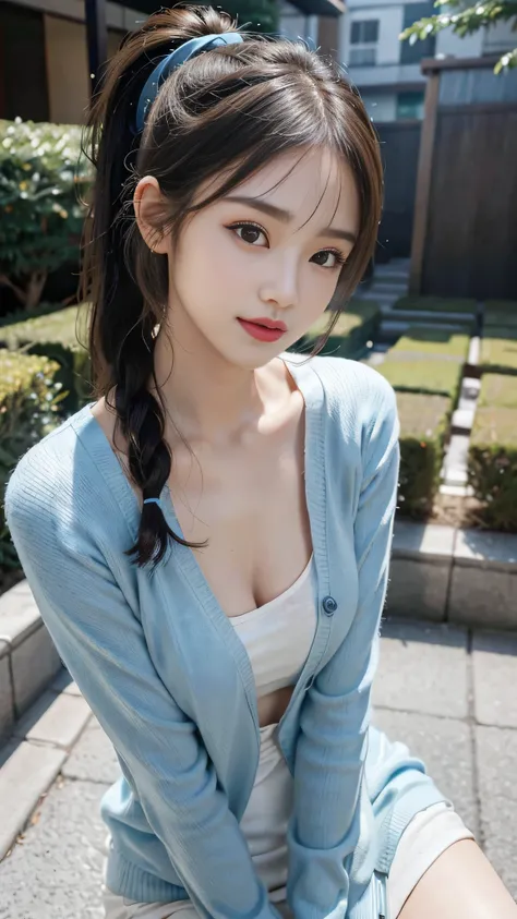 Wearing pastel blue cardigan,outdoor,Close up face,Blurred background,The highest image quality, High quality, the background is clear,Beautiful woman, Japanese,Ultra-detailed, finely detail, hight resolution, 8k Wallpaper, Perfect dynamic composition, Bea...