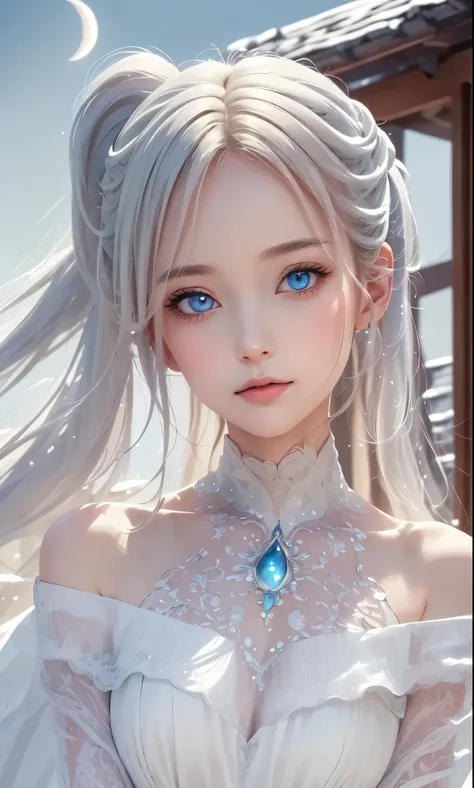 Masterpiece, realistic, (Best quality: 1.2), (Super fine: 1.2), illustration, (Extremely delicate and beautiful: 1.2), Film angle, Floating, (beatiful detailed eyes: 1.1), (Detail light: 1.1), film lights, Exquisite sky, woman, White hair, Blue eyes, (High...