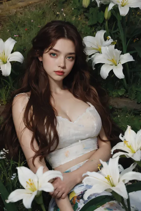 (oil painting:1.5),
\\
a woman with (red long curtly hair ), ((green eyes)) and lily flowers in her hair is laying down in a field of white lily flowers, with persian black cat, (amy sol:0.248), (stanley artgerm lau:0.106), (a detailed painting:0.353), (go...