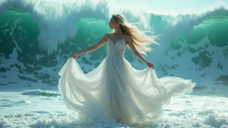 A beautiful woman is dancing, and behind her is the billowing sea.